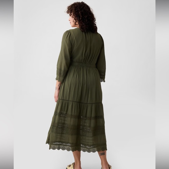 Gap NWT Textured Crinkle Lace Midi Dress in Olive Green, Size L - Picture 2 of 11